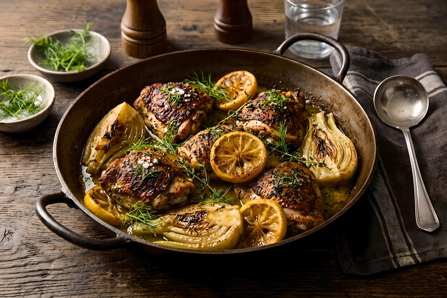 Eine rustikale Pfanne, gefüllt mit Ofenhähnchen, Fenchel und Zitronenscheiben, garniert mit frischen Kräutern, steht auf einem Holztisch neben Kräuterschalen, Wassergläsern, Salz- und Pfefferstreuern und einem Löffel auf einer Serviette.