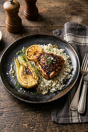 Ein rustikaler Teller mit gegrillten Zitronen-Hähnchen auf einem Reisbett, geröstetem Fenchel und einer Scheibe gegrillter Zitrone, garniert mit frischen Kräutern, auf einem Holztisch mit Silberbesteck und einer braunen Serviette.