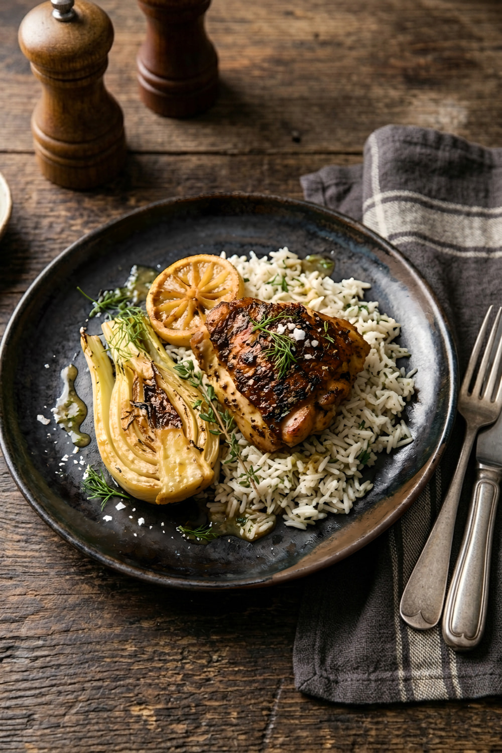 Ein rustikaler Teller mit gegrillten Zitronen-Hähnchen auf einem Reisbett, geröstetem Fenchel und einer Scheibe gegrillter Zitrone, garniert mit frischen Kräutern, auf einem Holztisch mit Silberbesteck und einer braunen Serviette.