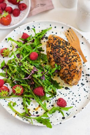 Honey and mustard chicken breast with black sesame and summer salad 1