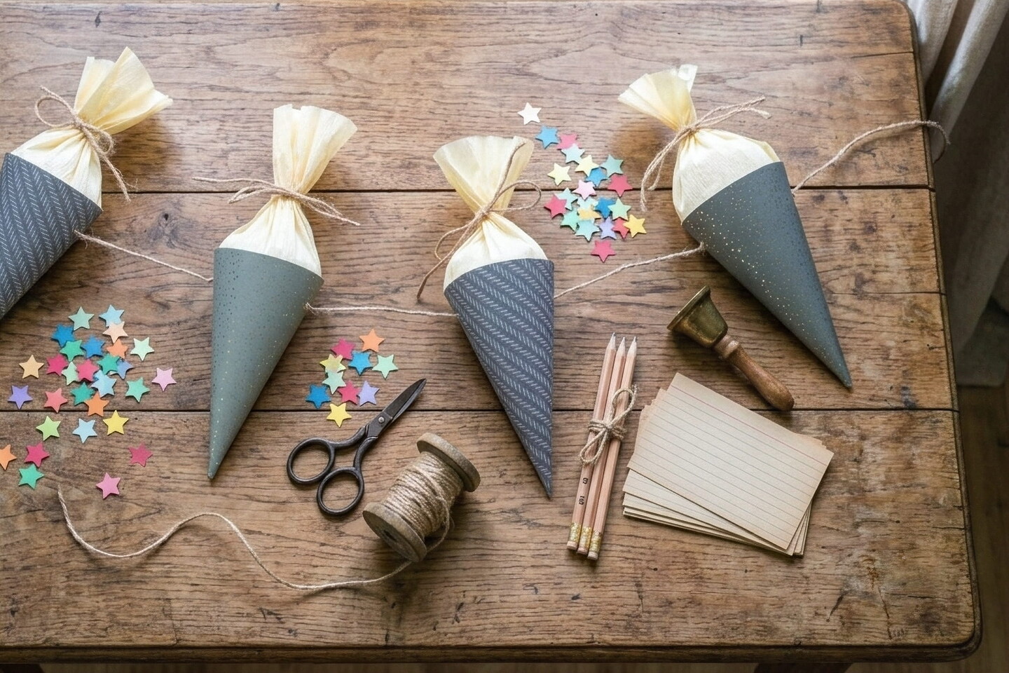 Vier handgefertigte Schultüten mit gelbem Krepppapier, umgeben von buntem Sternkonfetti, einer Schere, Schnur, Bleistiften, Karten und einem Wachssiegelstempel, sorgen auf einem rustikalen Holztisch für eine bezaubernde Einschulungsdekoration.