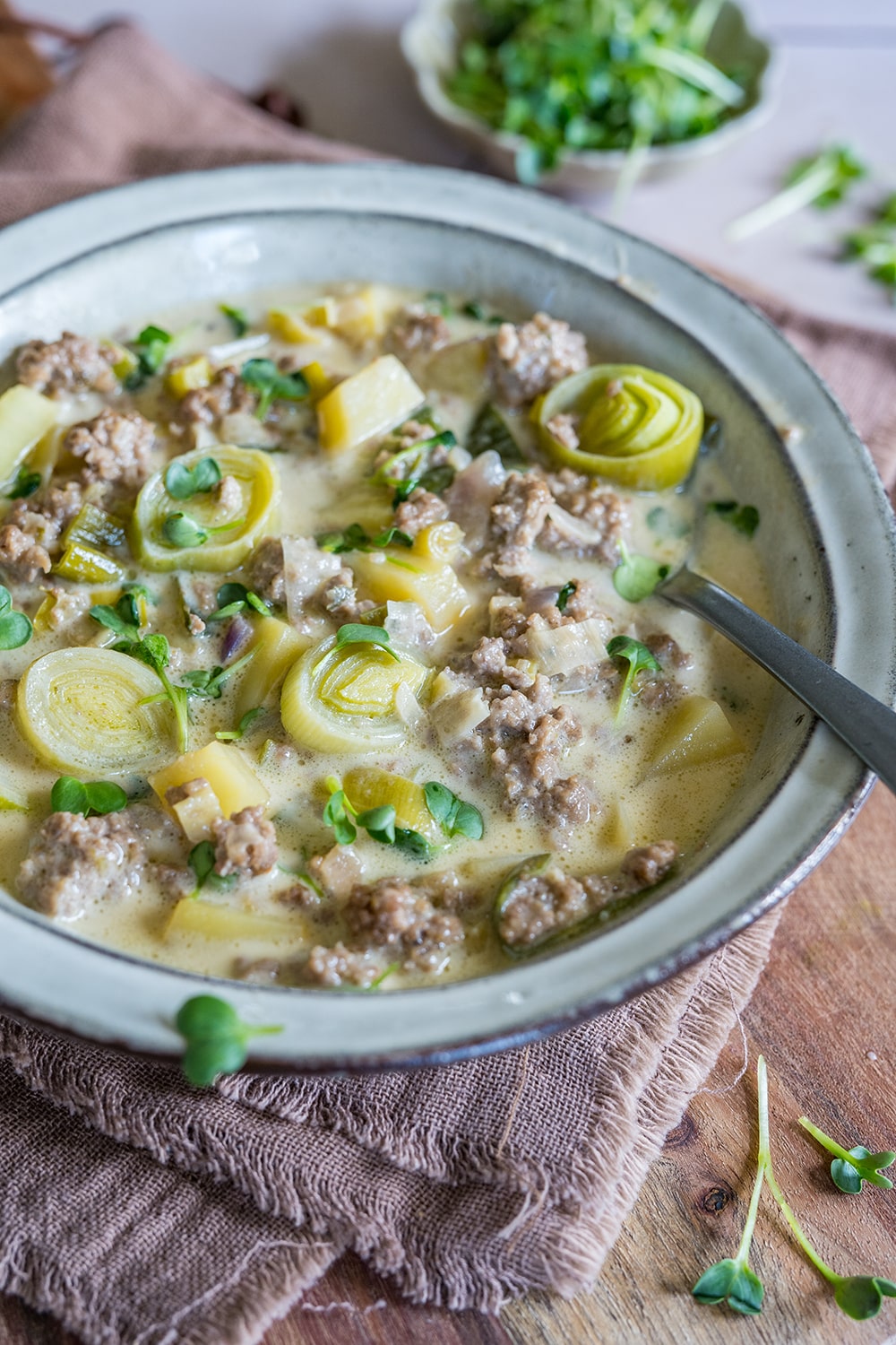 Käse-Lauch-Suppe mit Hackfleisch - Home and Herbs