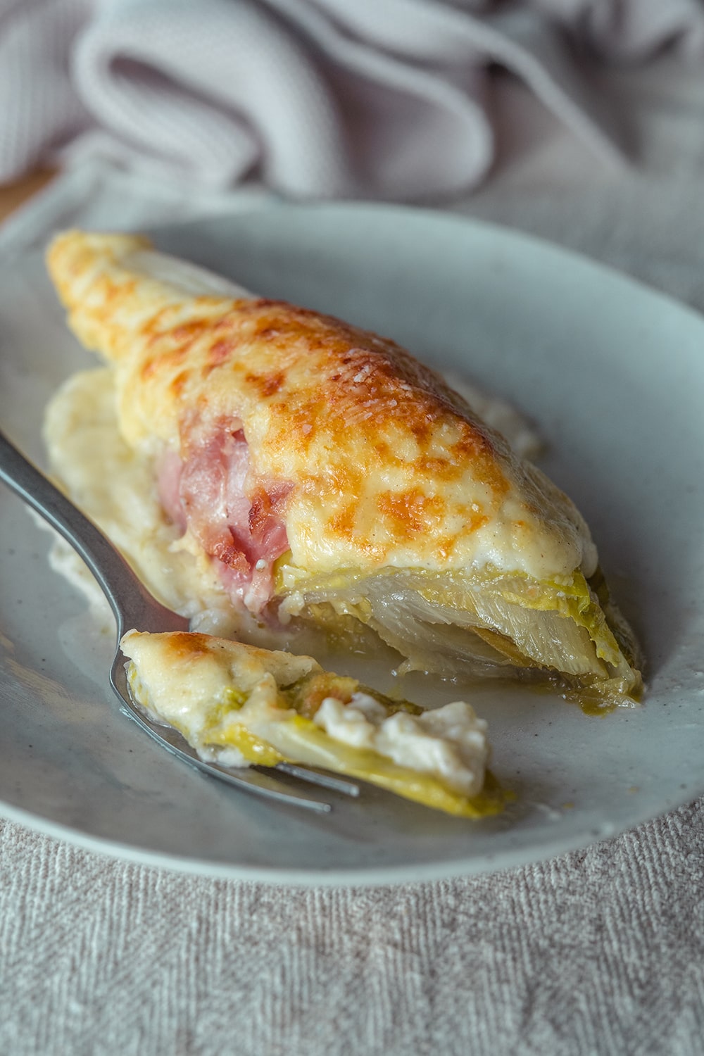 Goldbraun überbackenes Chicorée-Gratin mit cremiger Sauce