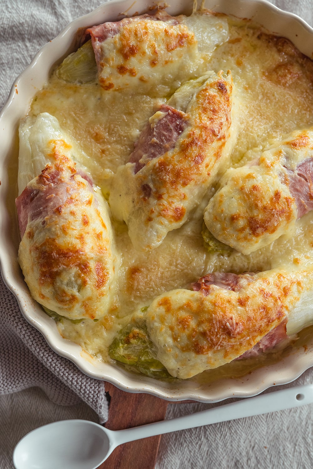 Goldbraun überbackenes Chicorée-Gratin mit cremiger Sauce