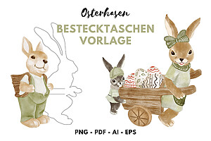 Illustration von Osterhasen im Aquarellstil mit Eiern als charmante moderne Akzente. Merkmale: "Digitale Tannenbaum-Bestecktaschen Vorlage zum Basteln und Plotten". Enthält deutschen Text und verschiedene Dateiformate.
