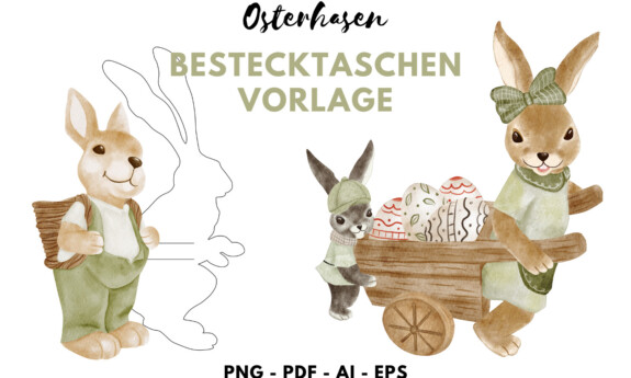 Illustration von Osterhasen im Aquarellstil mit Eiern als charmante moderne Akzente. Merkmale: "Digitale Tannenbaum-Bestecktaschen Vorlage zum Basteln und Plotten". Enthält deutschen Text und verschiedene Dateiformate.