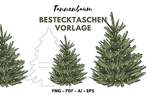 Digitale Tannenbaum-Bestecktaschen Vorlage zum Basteln und Plotten: Drei illustrierte Weihnachtsbäume mit Lichtern, Baum-Umriss in der Mitte, deutscher Text oben. Ideal für moderne weihnachtliche Tischdeko. Formate: PNG, PDF, AI, EPS.