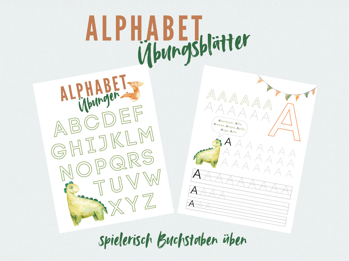 Zwei spielerische Übungsblätter zum deutschen Alphabet für Kinder mit großen, umrandeten Buchstaben, einer Dinosaurier-Illustration und Nachspürübungen für den Buchstaben A. Perfekt für Vorschule Übungen und Alphabet schreiben lernen, mit farbenfrohem und freundlichem Text.