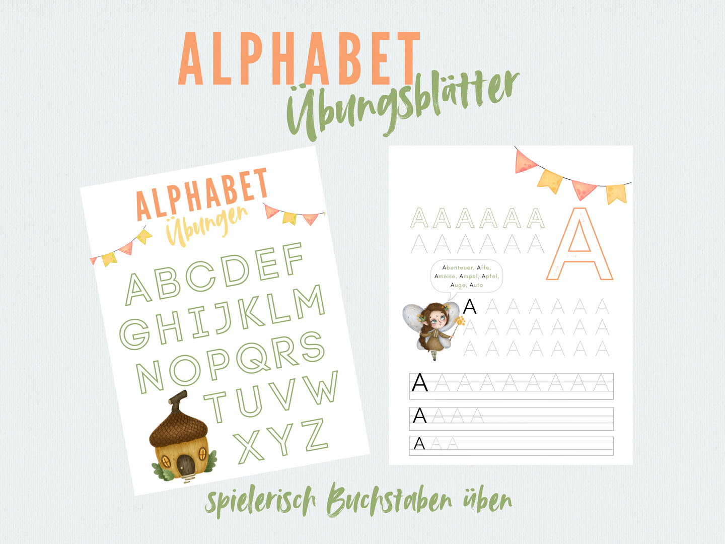 Zwei Arbeitsblätter zum deutschen Alphabet für Kinder. Sie eignen sich perfekt für abc Schreibübungen oder Vorschulübungen und zeigen die Buchstaben A-Z mit einem Feenhaus und einem Pilz sowie ein Blatt zum Nachzeichnen des Buchstabens A mit einer Feenillustration und Wörtern, die mit A beginnen.