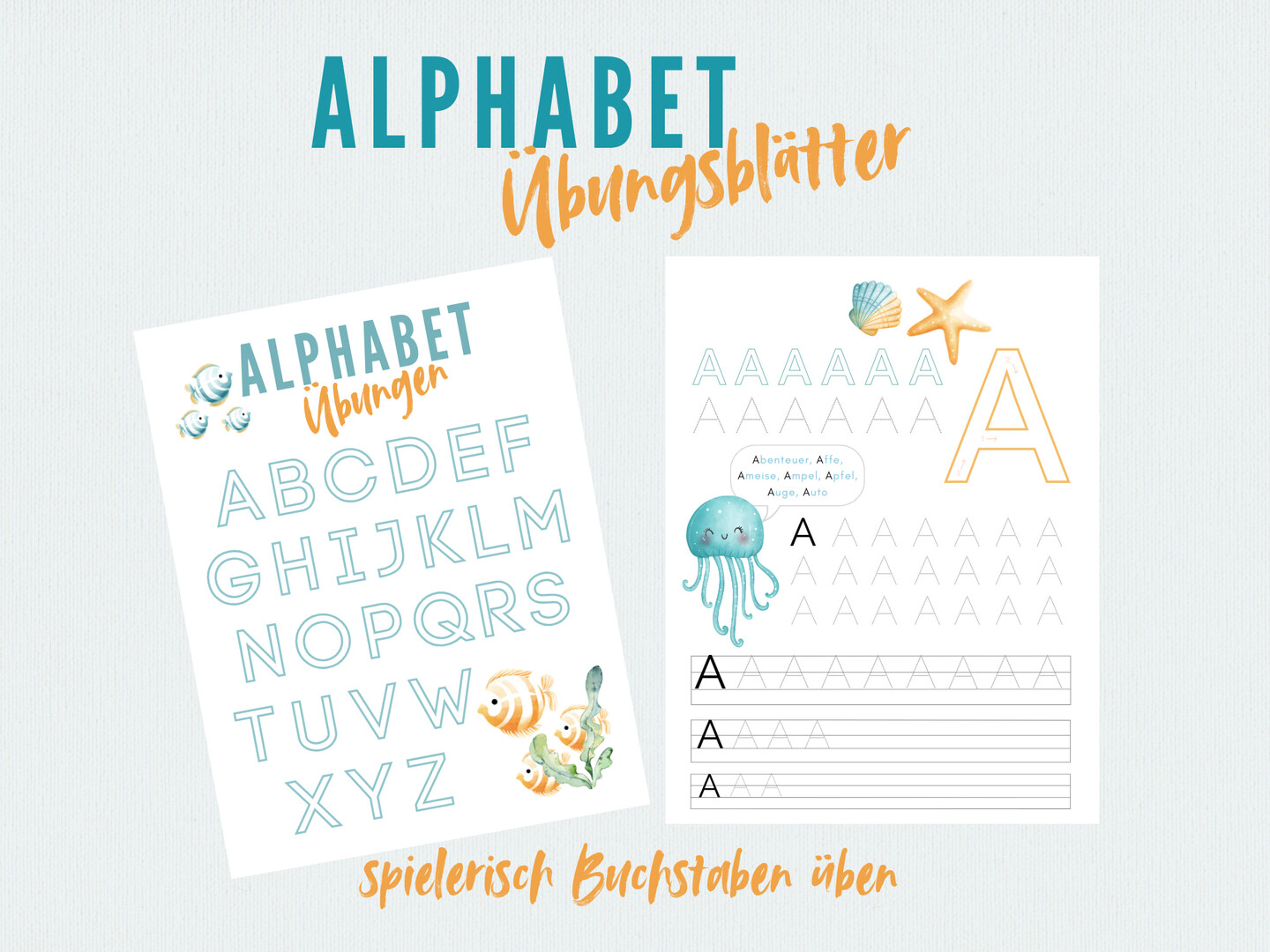 Zwei Arbeitsblätter zum Üben des deutschen Alphabets für Kinder mit Illustrationen zum Thema Meer - perfekt für abc und Schreibübungen. Ein Blatt zeigt die Großbuchstaben A-Z, während das andere Vorschulübungen anbietet, indem es sich auf das Nachzeichnen des Buchstabens A konzentriert.
