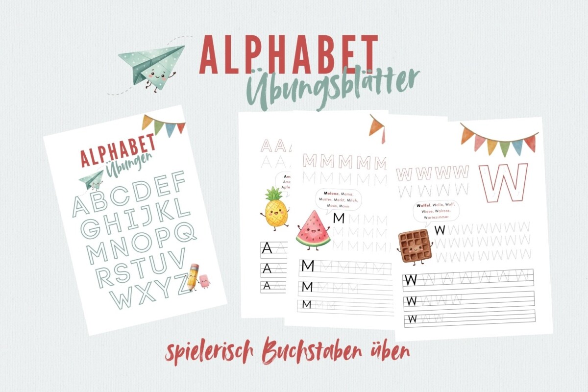 ABC Arbeitsblätter: Erste Alphabet-Schreibübungen für Vorschule, Grundschule & Kindergarten bietet lustige Ananas-, Wassermelonen- und Waffel-Illustrationen mit festlichen Bannern - ideal für ABC-Übungen bei der Einschulung oder das tägliche Schreiben.