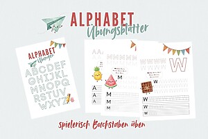 ABC Arbeitsblätter: Erste Alphabet-Schreibübungen für Vorschule, Grundschule & Kindergarten bietet lustige Ananas-, Wassermelonen- und Waffel-Illustrationen mit festlichen Bannern - ideal für ABC-Übungen bei der Einschulung oder das tägliche Schreiben.