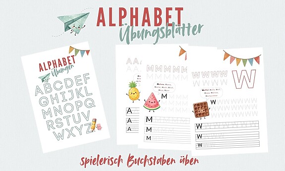 ABC Arbeitsblätter: Erste Alphabet-Schreibübungen für Vorschule, Grundschule & Kindergarten bietet lustige Ananas-, Wassermelonen- und Waffel-Illustrationen mit festlichen Bannern - ideal für ABC-Übungen bei der Einschulung oder das tägliche Schreiben.