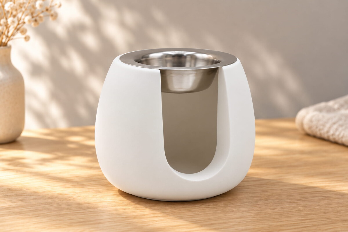 Nordic Ro, handgefertigte Duftlampe für Wax Melts und Duftöl: ein weißer, rund geformter Wax-Melt-Erhitzer mit einer abnehmbaren Metallschale auf einem Holztisch.