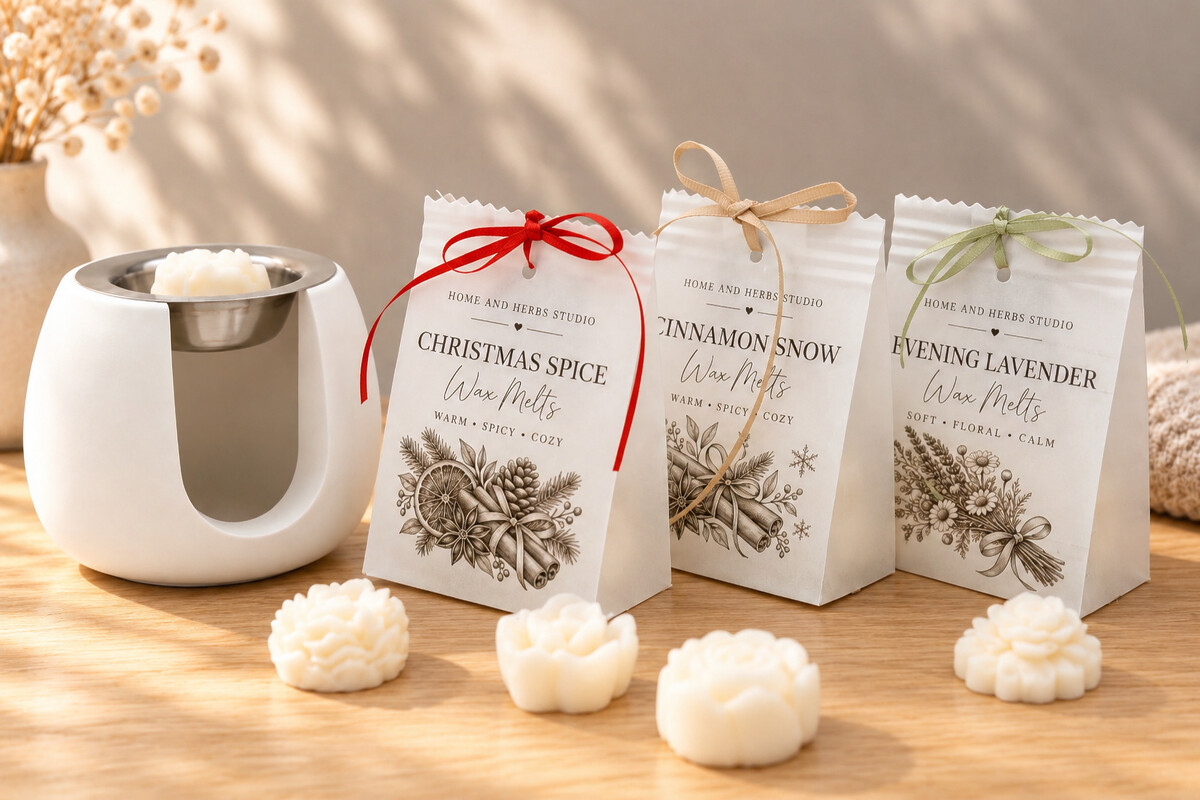 Handgefertigte Duft-Wachs-Melts in drei Papiertüten mit den Aufschriften Christmas Spice, Cinnamon Snow und Evening Lavender, dazu vier blumenförmige Wachs-Melts und ein Wachswärmer auf einer Holzunterlage.