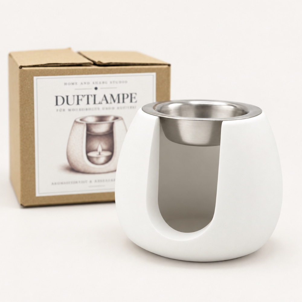 Nordic Ro, handgefertigte Duftlampe für Wax Melts und Duftöl: weiße Keramik-Duftlampe mit einer herausnehmbaren Metallschale vor ihrer Kartonverpackung.