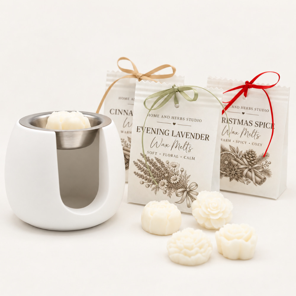 Eine weiße Keramik-Duftlampe Nordic Ro, handgefertigt für Wachs-Melts und Duftöl, mit einer Metallschale, umgeben von drei beschrifteten Papiertüten mit Wachs-Melts und vier blumenförmigen Wachs-Melts.
