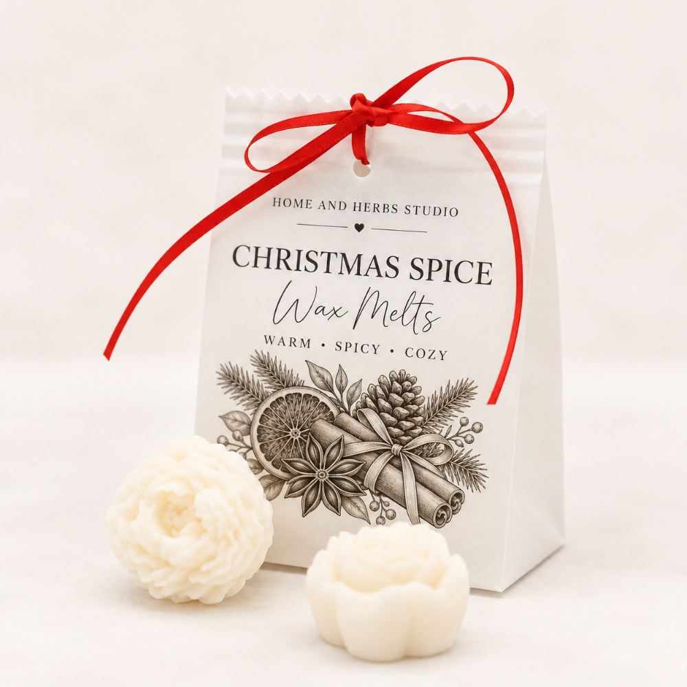 Vor einer weißen Papiertüte, die mit einem roten Band verschnürt und mit der Aufschrift Christmas Spice Wax Melts versehen ist, liegen zwei blumenförmige, handgefertigte Duftwachs-Melts.