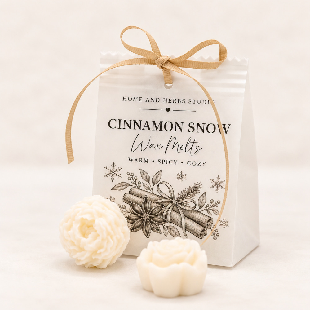 Eine weiße Papiertüte mit handgefertigten Duft-Wachs-Melts in der Duftnote Cinnamon Snow, die mit einer Schleife verziert ist, mit zwei blumenförmigen Wachs-Melts im Vordergrund.