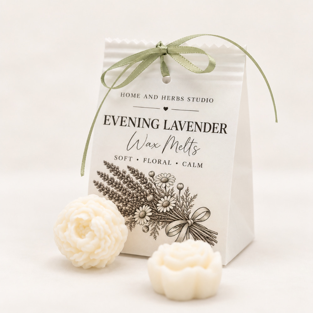 Zwei kleine, weiße, blumenförmige, handgefertigte Duftwachs-Melts vor einer weißen Papiertüte mit der Aufschrift Evening Lavender Wax Melts, die mit einem grünen Band zusammengebunden ist.